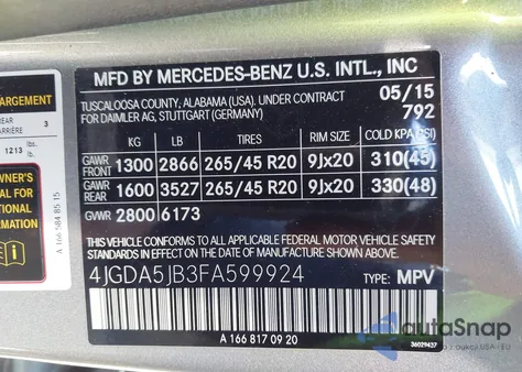 2015 Mercedes-Benz Ml 350 из США, поврежденный, VIN 4JGDA5JB3FA599924